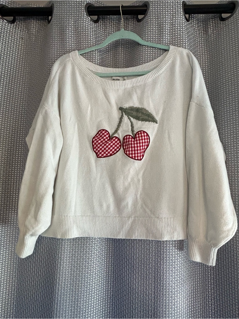 Hollister White Knit Sweater with Gingham Heart Cherries - XL